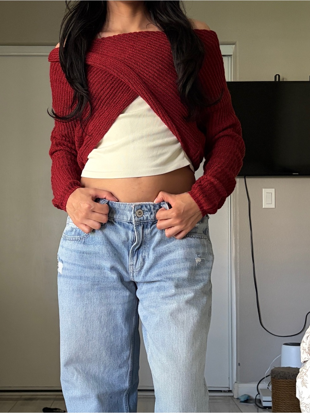 Cropped Off-Shoulder Red Knit Sweater